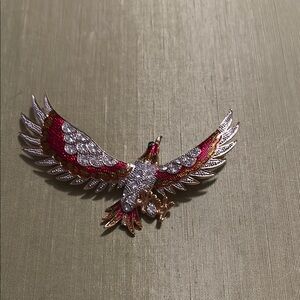 Elegant Red enamel, Silver and gold Bird Brooch